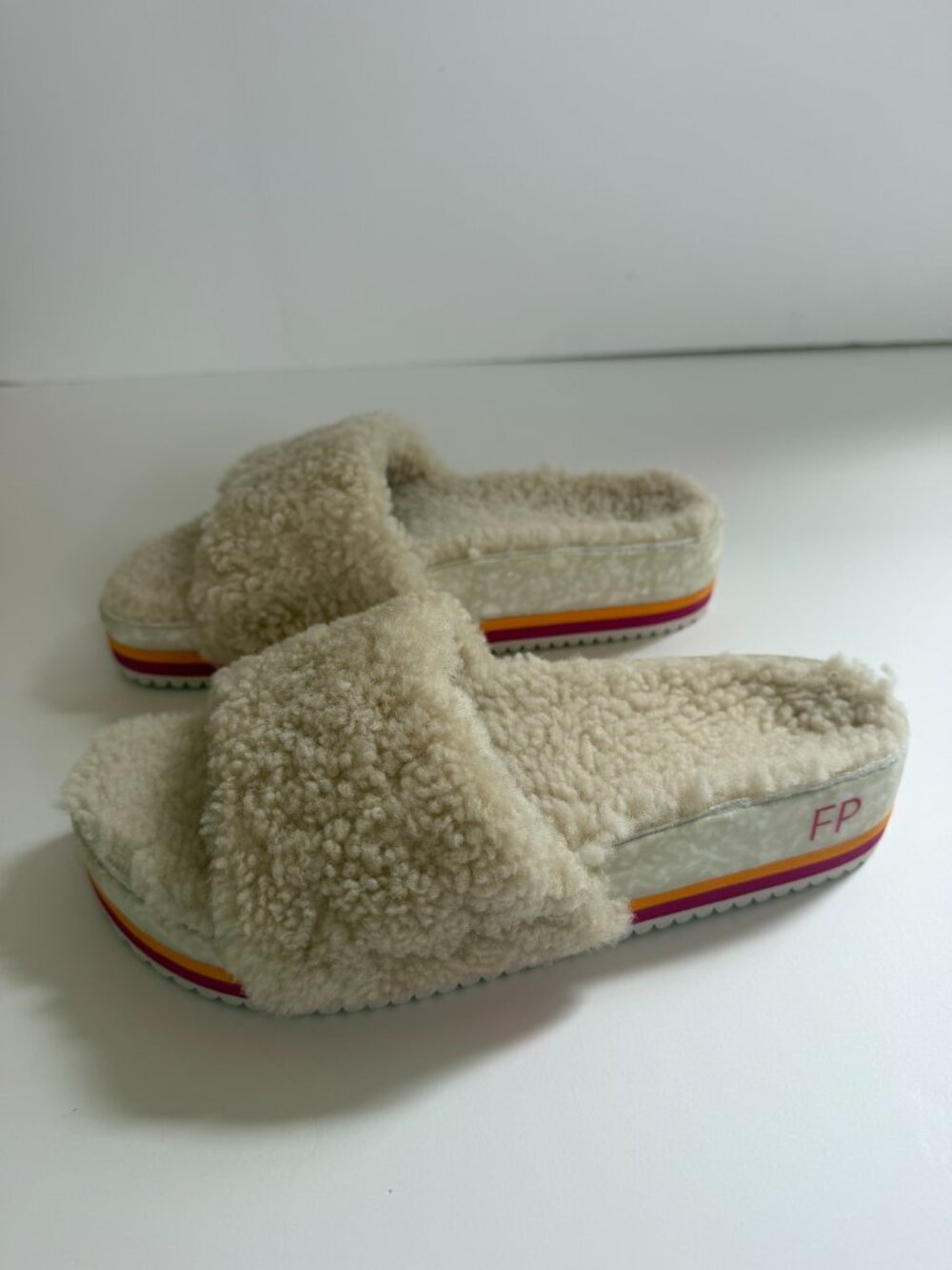 Fleks For Free People Cito Slides Sandals Ivory Shearling - Picture 5 of 6